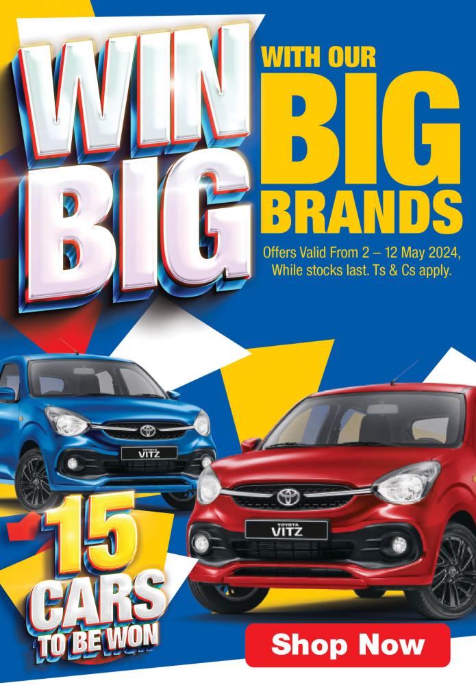 WIN BIG WITH OUR BIG BRANDS — 15 CARS TO BE WON
Offers valid from 2 – 12 May 2024. While stocks last. Ts & Cs apply. 