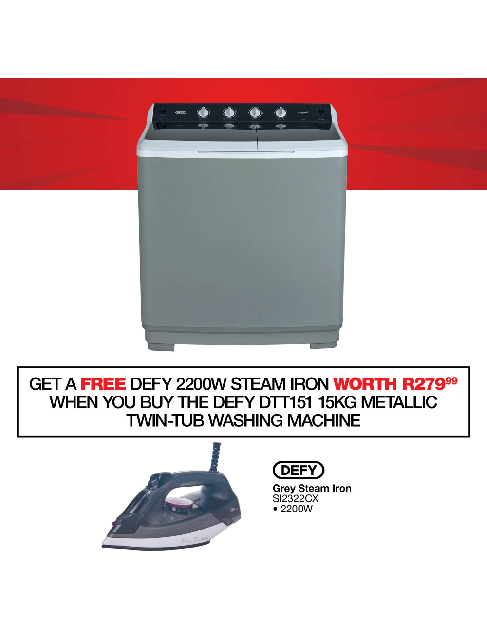 Defy 15kg Metallic Twin Tub Washing Machine Dtt151