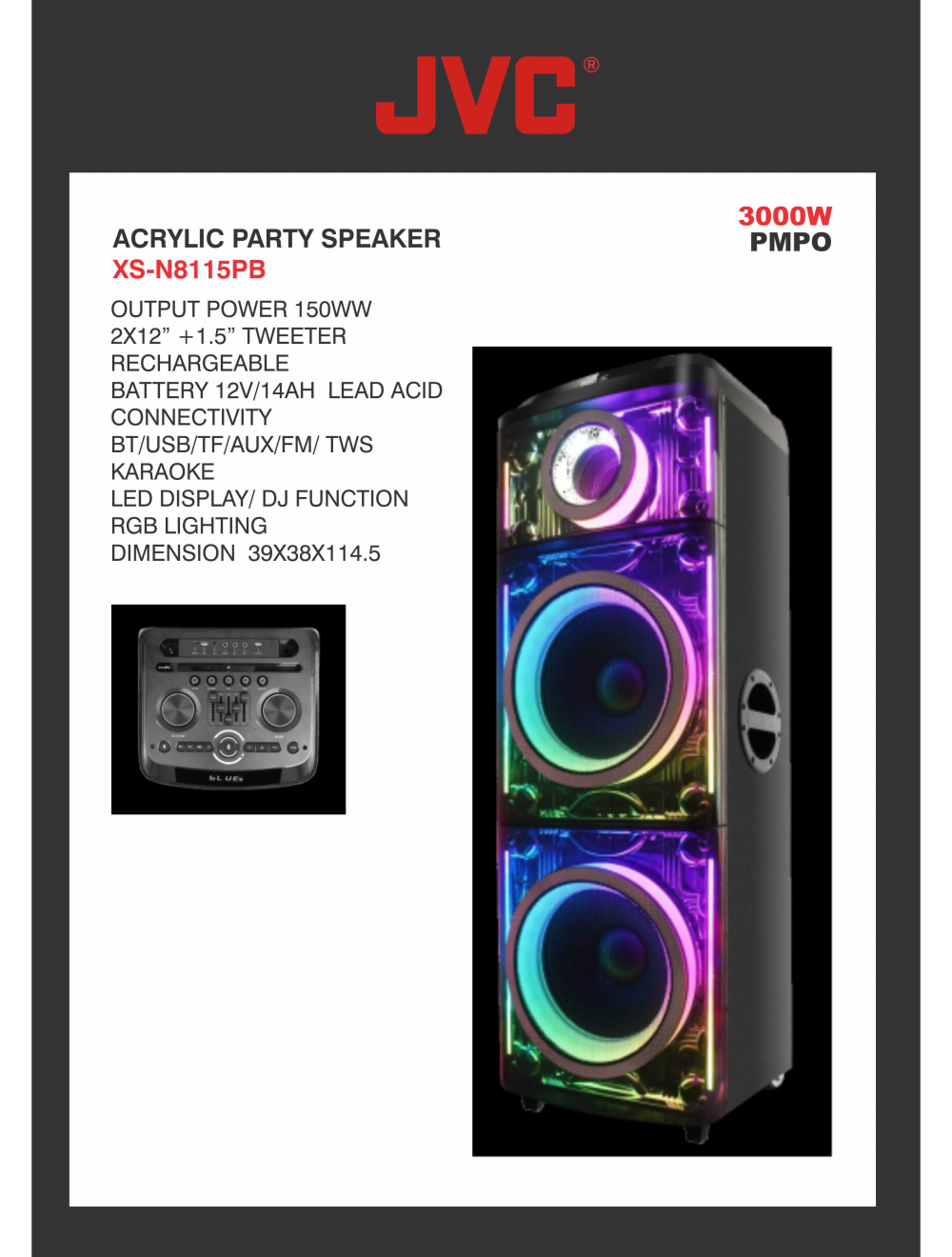 Jvc 3000w Acrylic Speaker Xs-n8115pb