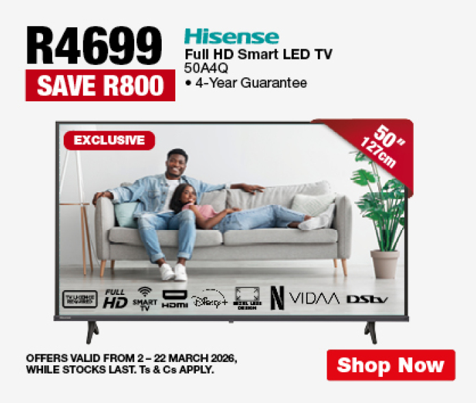 R4699, SAVE R800
                Hisense Full HD Smart LED TV
                50A4Q