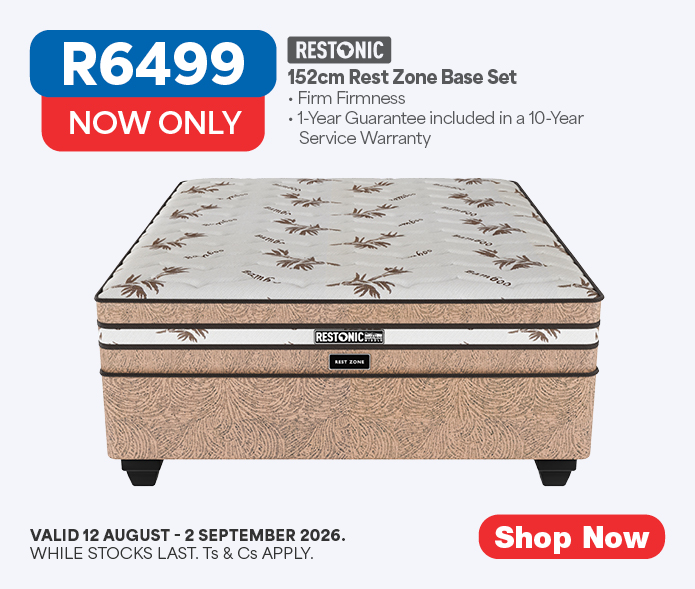 RESTONIC
          137cm Espresso Base Set
          &bull; Firm Firmness
          &bull; 1-Year Guarantee Included in a 10-Year Service Warranty
          Now Only R6499