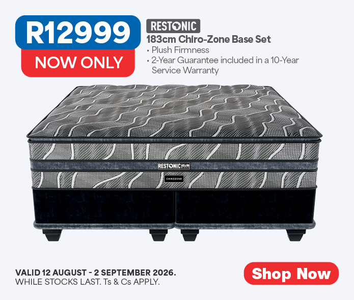 RESTONIC
          183cm Chiro-Zone Base Set
          &bull; Plush Firmness
          &bull; 2-Year Guarantee Included in a 10-Year Service Warranty
          Now Only R12999