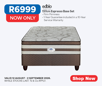 Edblo
          152cm Rest Zone Base Set
          &bull; Firm Firmness
          &bull; 1-Year Guarantee Included in a 10-Year Service Warranty
          Now Only R6999