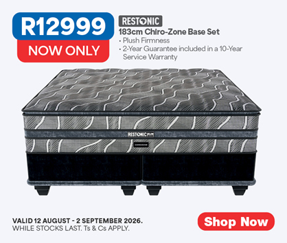 RESTONIC
          183cm Chiro-Zone Base Set
          &bull; Plush Firmness
          &bull; 2-Year Guarantee Included in a 10-Year Service Warranty
          Now Only R12999