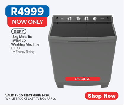 NOW ONLY R4999
DEFY
18kg Metallic Twin-Tub Washing Machine
DTT181
&bull; A+ Energy Rating
Valid 7 - 20 September 2026, while stocks last. Ts & Cs apply.
