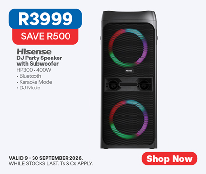 Hisense
DJ Party Speaker with Subwoofer
HP300 &bull; 400W
&bull; Bluetooth
&bull; ﻿﻿Karaoke Mode
﻿﻿&bull; DJ Mode
Valid 9 &ndash; 30 September 2026. While stocks last. Ts & cs apply.
