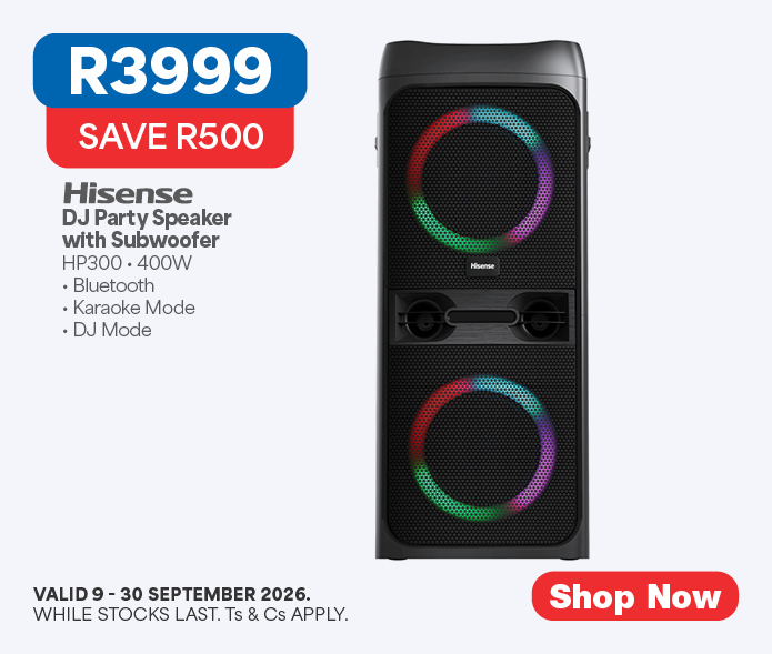Hisense
DJ Party Speaker with Subwoofer
HP300 &bull; 400W
&bull; Bluetooth
&bull; ﻿﻿Karaoke Mode
﻿﻿&bull; DJ Mode
Valid 9 &ndash; 30 September 2026. While stocks last. Ts & cs apply.
