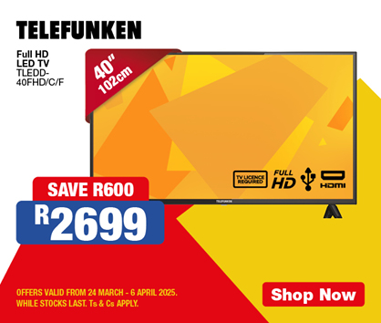 Telefunken Full HD 
            LED TV
            TLEDD-40FHD/C/F
            
            2699
            SAVE R600