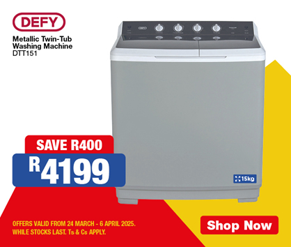 Defy Metallic Twin-Tub 
            Washing Machine
            DTT151
            
            4199
            SAVE R400