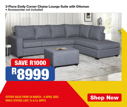 3-Piece Emily Corner Chaise Lounge Suite with Ottoman 
            • Accessories not included
            
            8999
            SAVE R1000