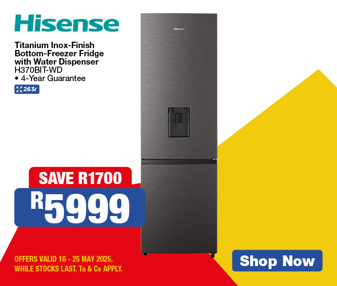 HISENSE 
            Titanium Silver-Finish Top-Freezer Fridge 
            H225TTS 
            SAVE R1000 
            R3499 