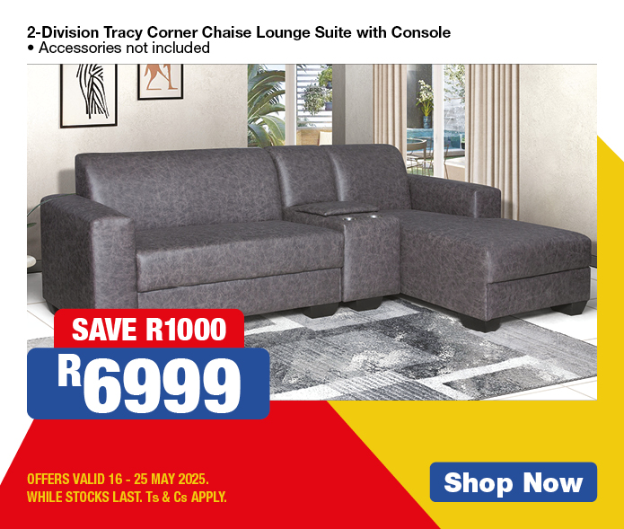 Camelot Recliner Corner Lounge Suite with Console
            Scatter cushions and accessories not included
            SAVE R3000
            R16999