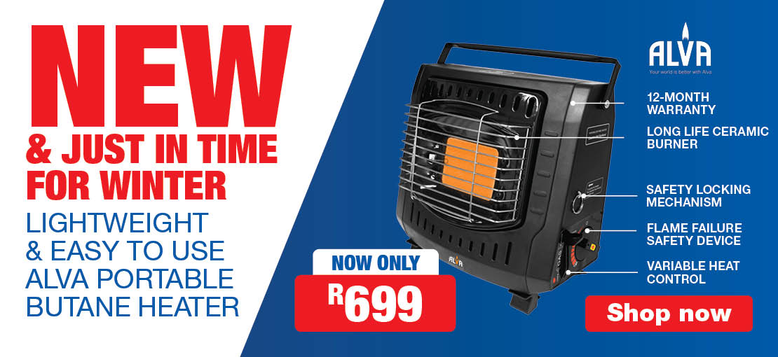 LIGHTWEIGHT & EASY TO USE ALVA PORTABLE BUTANE HEATER

                            Alva Butane Gas Heater
                            12-Month Warranty

                            NOW ONLY R699