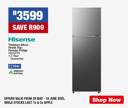 R3599, SAVE R900
            HISENSE 154L Titanium Silver-Finish Top-Freezer Fridge 
            H225TTS
            • 2-Year Guarantee