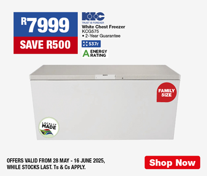 R7999, SAVE R500
            KIC 537L White Chest Freezer
            KCG575
            • 2-Year Guarantee