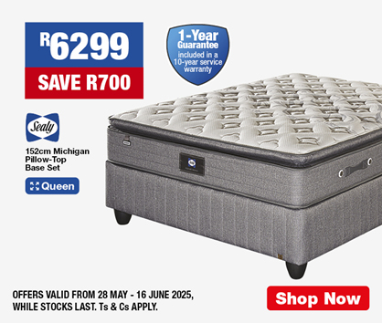 R6299, SAVE R700
            SEALY 152cm Michigan Pillow-Top Base Set
            • 1-Year Guarantee included in a 10-year service warranty