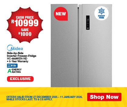 CASH PRICE R10999, SAVE R1000
                Midea Side-by-Side Inverter Freezer-Fridge
                HC-689WEN-ND. 5-Year Warranty