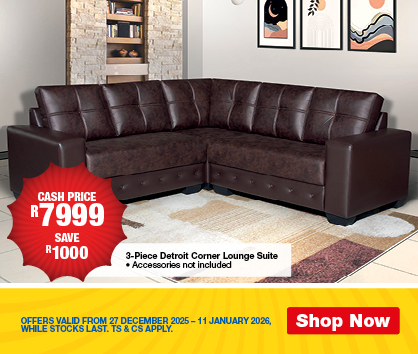 CASH PRICE R7999, SAVE R1000
                3-Piece Detroit Corner Lounge Suite. Accessories not included
