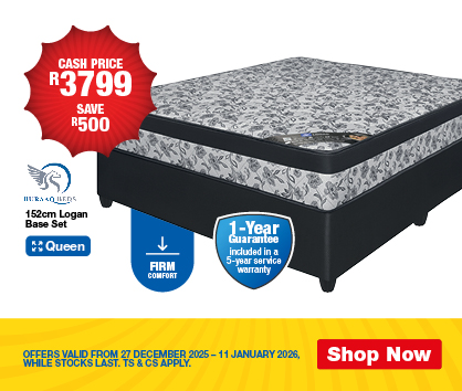 CASH PRICE R3799, SAVE R500
                BURAAQ BEDS. 152cm Logan Base Set