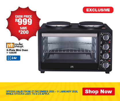 CASH PRICE R999, SAVE R200
                Muller & Haupt
                2-Plate Mini Oven. 1380W