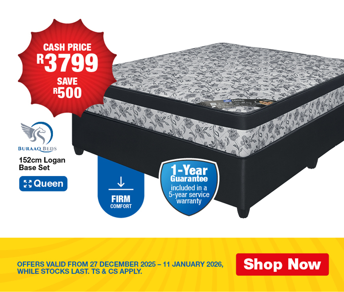 CASH PRICE R3799, SAVE R500
                BURAAQ BEDS. 152cm Logan Base Set