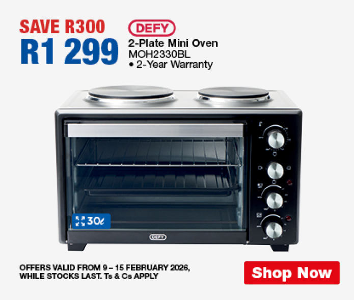 SAVE R300, R1299
Defy 2-Plate Mini Oven
MOH2330BL
&bull; 2-Year Warranty
