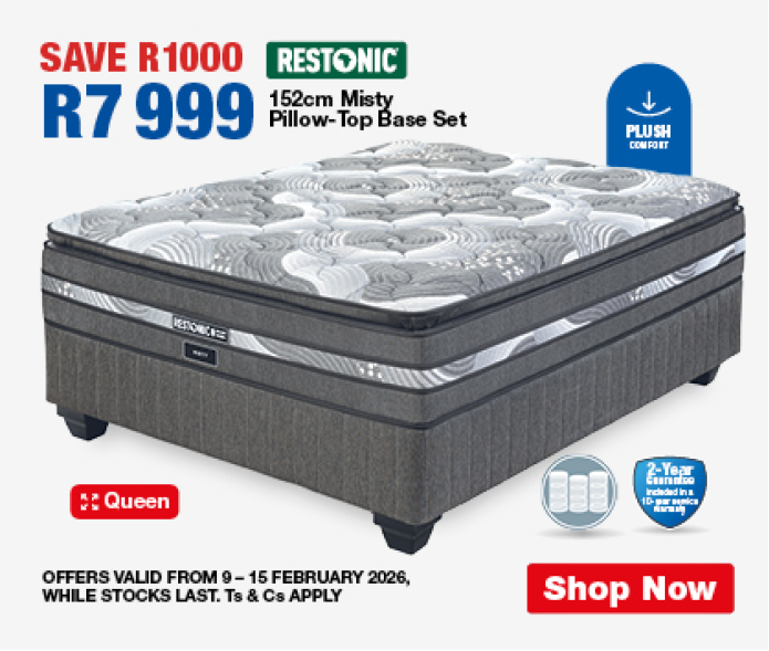 SAVE R1000, R7 999 
Restonic 152cm Misty Pillow-Top Base Set
