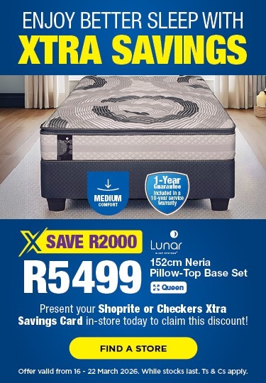 Xtra Savings - LUNAR NERIA 152CM PILLOW TOP BASE SET*B* 16 - 22 March 2026. While stocks last. Ts & Cs apply.