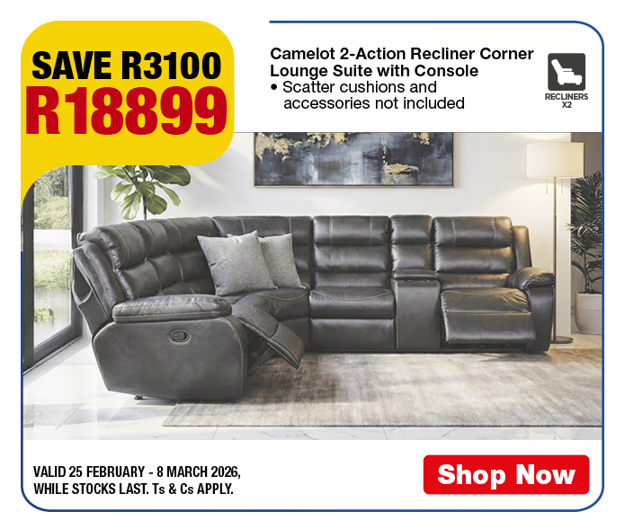 SAVE R2100, R19899
3-Piece Nova Recliner Lounge Suite with Console
&bull; Accessories not included
