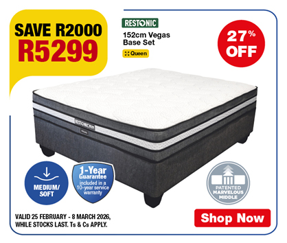 SAVE R2000, R5299
Restonic 152cm Vegas Base Set
