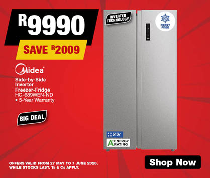 Midea 513L Side-by-Side Inverter Freezer-Fridge
    HC-689WEN-ND
    5-Year Warranty 
    R9990, Save R2009
    