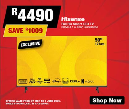 Hisense 50 127cm Full HD Smart LED TV 
50A4Q
4-Year Guarantee
 R4490, Save R1009

