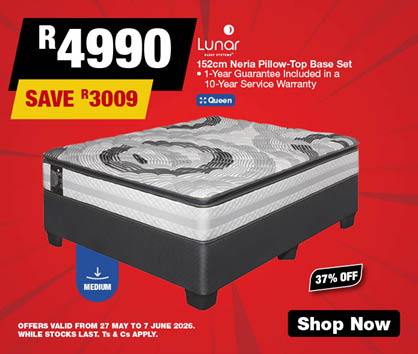 Lunar 152cm Neria Pillow-Top Base Set 
    1-Year Guarantee included in a 10-Year Service Warranty
    37% off
    R4990, Save R3009
    