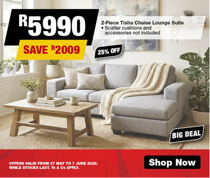  2-Piece Tisha Chaise Lounge Suite
25% off
 R5990, Save R2009
