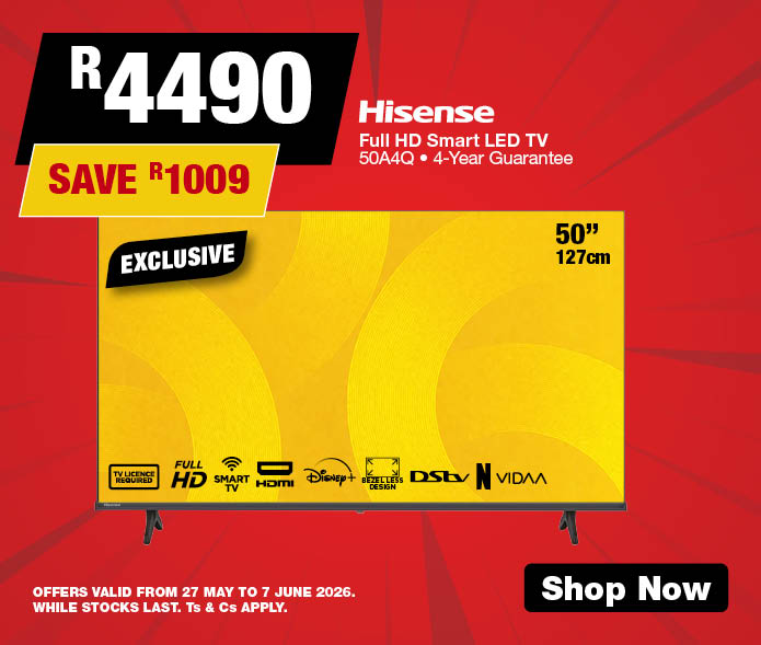 Hisense 50 127cm Full HD Smart LED TV 
    50A4Q
    4-Year Guarantee
     R4490, Save R1009
    