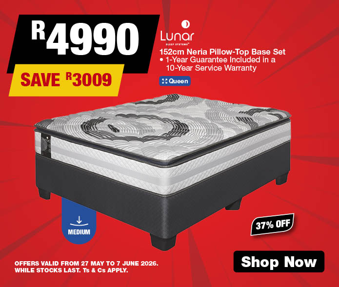 Lunar 152cm Neria Pillow-Top Base Set 
1-Year Guarantee included in a 10-Year Service Warranty
37% off
R4990, Save R3009
