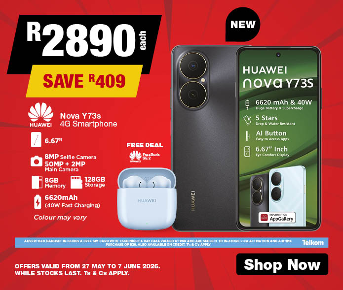 Huawei Telkom Nova Y73s 4G Smartphone with Free FreebBuds SE 2
R2890, Save R409
