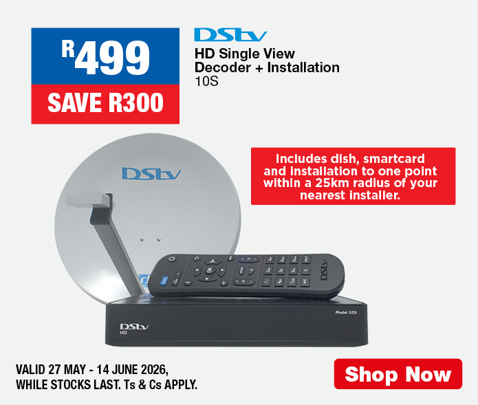 DSTV HD Single View Decoder + Installation
10S
Includes dish, smartcard and installation to one point within a 25km radius of your nearest installer.
