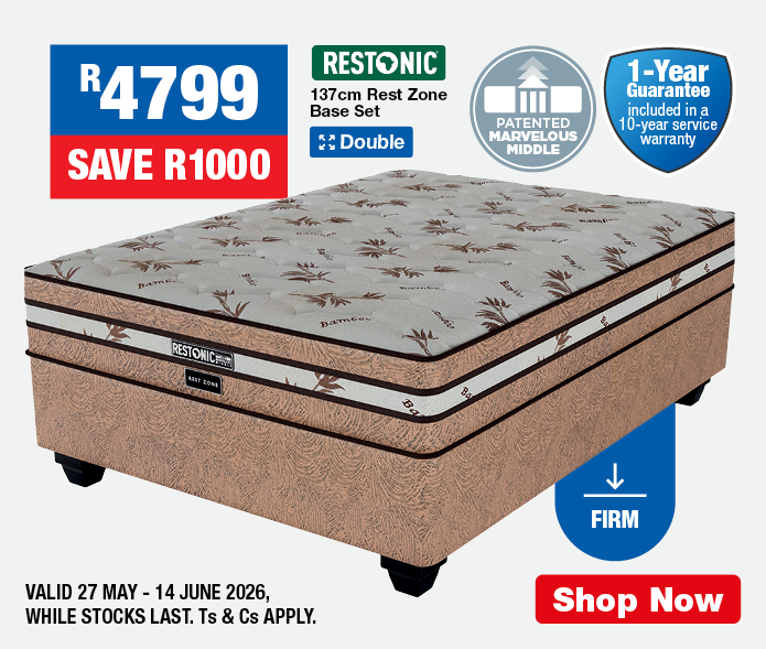Restonic 137cm Rest Zone Double Base Set
&bull; 1-Year Guarantee included in a 10-year service warranty