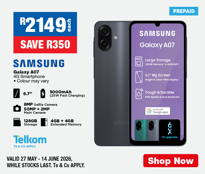 Samsung Galaxy A07 4G Smartphone R2149, SAVE R350 each