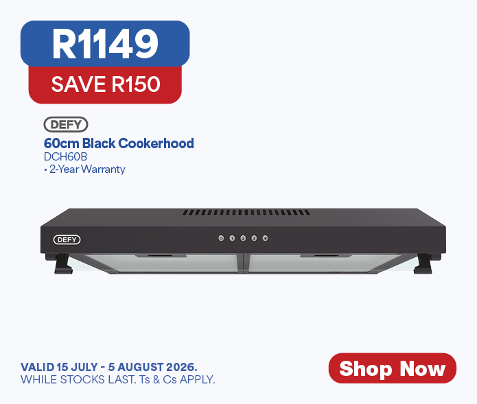 DEFY 60cm Black Cookerhood
DCH60B
R1149, SAVE R150

