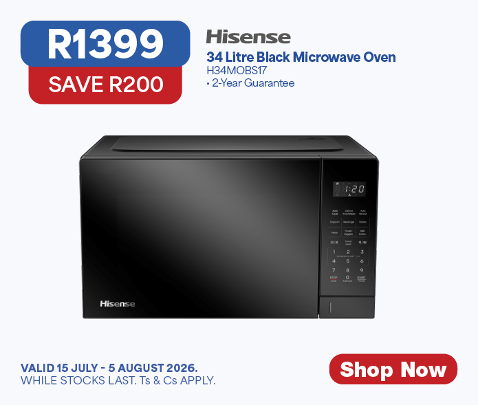 HISENSE 34 Litre Black Microwave Oven
H34MOBS17
R1399, SAVE R200
