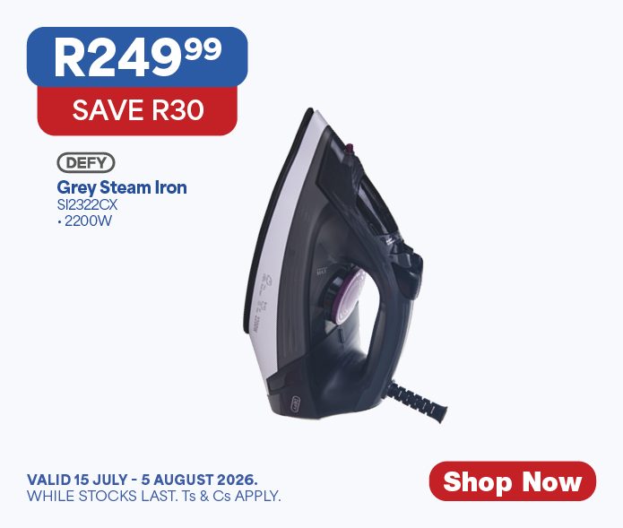 DEFY Grey Steam Iron 2200W
SI2322CX
R24999, SAVE R30
