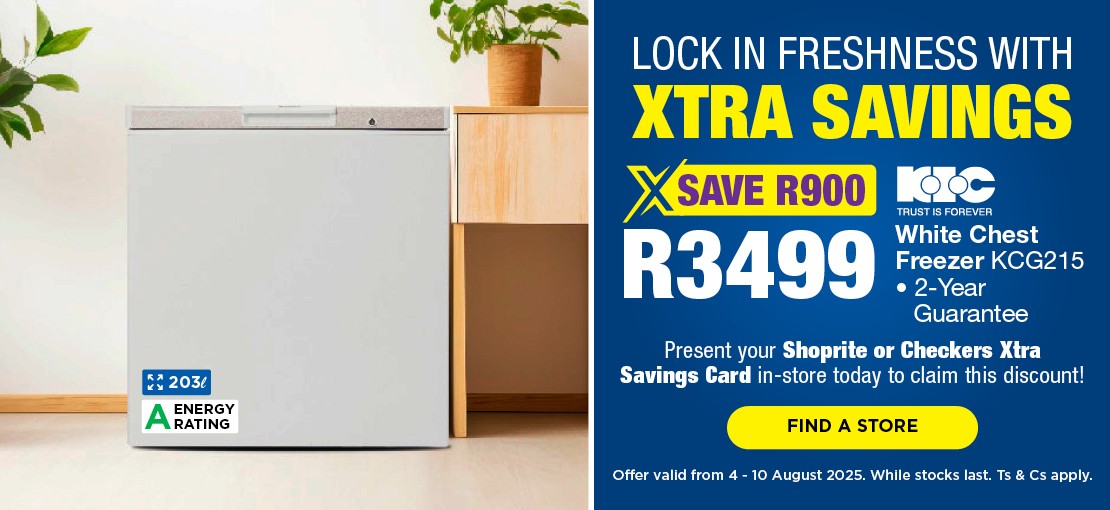 Lock in freshness with Xtra Savings
                                R3499, Save R900.
                                KIC Whize Chest Freezer KCG215
                                Present your Shoprite or Checkers Xtra Savings Card in-store today to claim this 
                                discount!
                                Offers valid 4 – 10 August 2025.