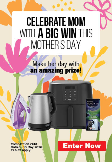 CELEBRATE MOM WITH A BIG WIN THIS MOTHER'S DAY
                                Make her day with an amazing prize!
                                Competition valid from 6 – 10 May 2026. Ts & Cs apply.