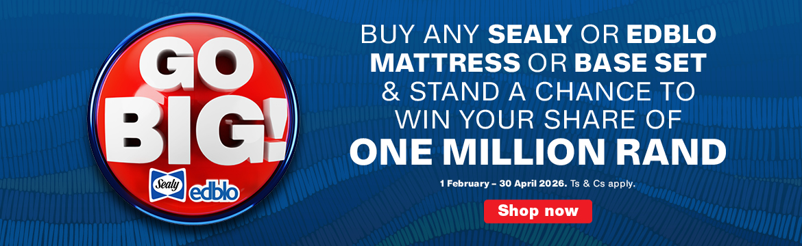 BUY ANY SEALY OR EDBLO MATTRESS OR BASE SET & STAND A CHANCE TO WIN
                    YOUR SHARE OF ONE MILLION RAND
                    I 1 February &ndash; 30 April 2026. Ts & Cs apply.