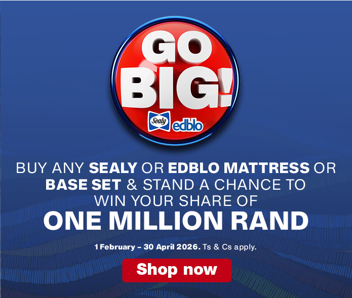 BUY ANY SEALY OR EDBLO MATTRESS OR BASE SET & STAND A CHANCE TO WIN
                    YOUR SHARE OF ONE MILLION RAND
                    I 1 February &ndash; 30 April 2026. Ts & Cs apply.