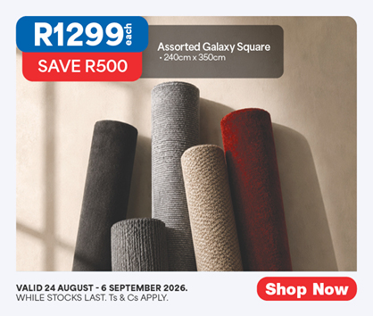 R1299 EACH, SAVE R500
            Assorted Galaxy Square
            &bull; 240cm x 350cm
            Valid 24 August &ndash; 6 September 2026. While stocks last. Ts & Cs apply. 