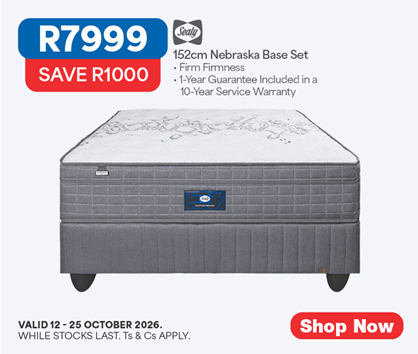 R7999, SAVE R1000
            Sealy
            152cm Nebraska Base Set
            &bull; Firm Firmness
            &bull; 1-Year Guarantee Included in a 10-Year Service Warranty
            Valid 12 - 25 October 2026, while stocks last. Ts & Cs apply. 