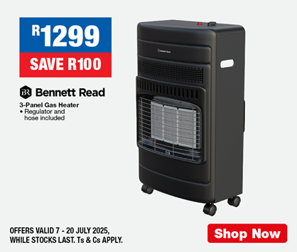 R1299, SAVE R100
                Bennett Read 3-Panel Gas Heater
                • Regulator and hose included
                OFFERS VALID 7 – 20 JULY 2025, WHILE STOCKS LAST. Ts & Cs APPLY.